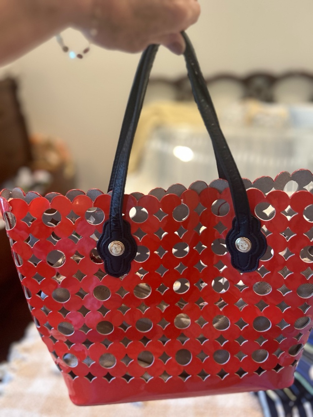 Classic Spartina  Red/orange Cutout Tote Bag with navy Handles